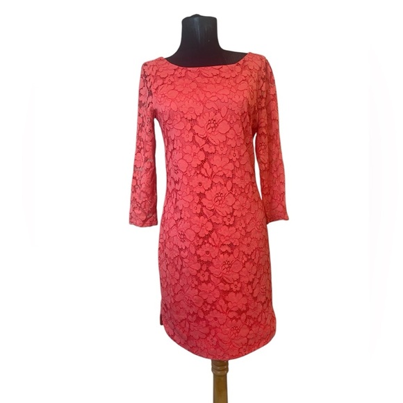 Vince Camuto Coral Pink Floral Lace Crochet 3/4 Sleeve Midi Dress 4 - Picture 2 of 12